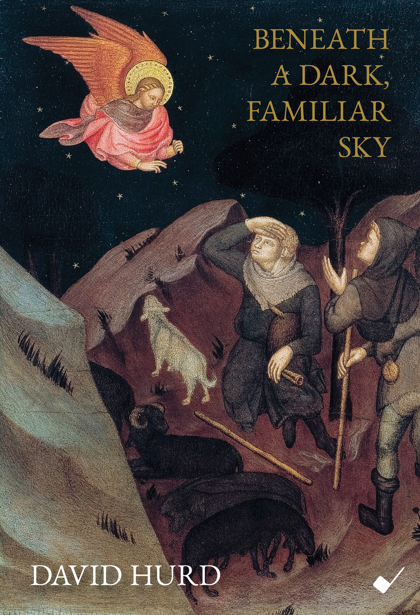 Sheet music cover of 'Beneath a Dark, Familiar Sky' by David Hurd featuring an angel and people with animals.
