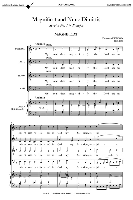 Attwood — Magnificat and Nunc Dimittis in F major [SATB + organ]